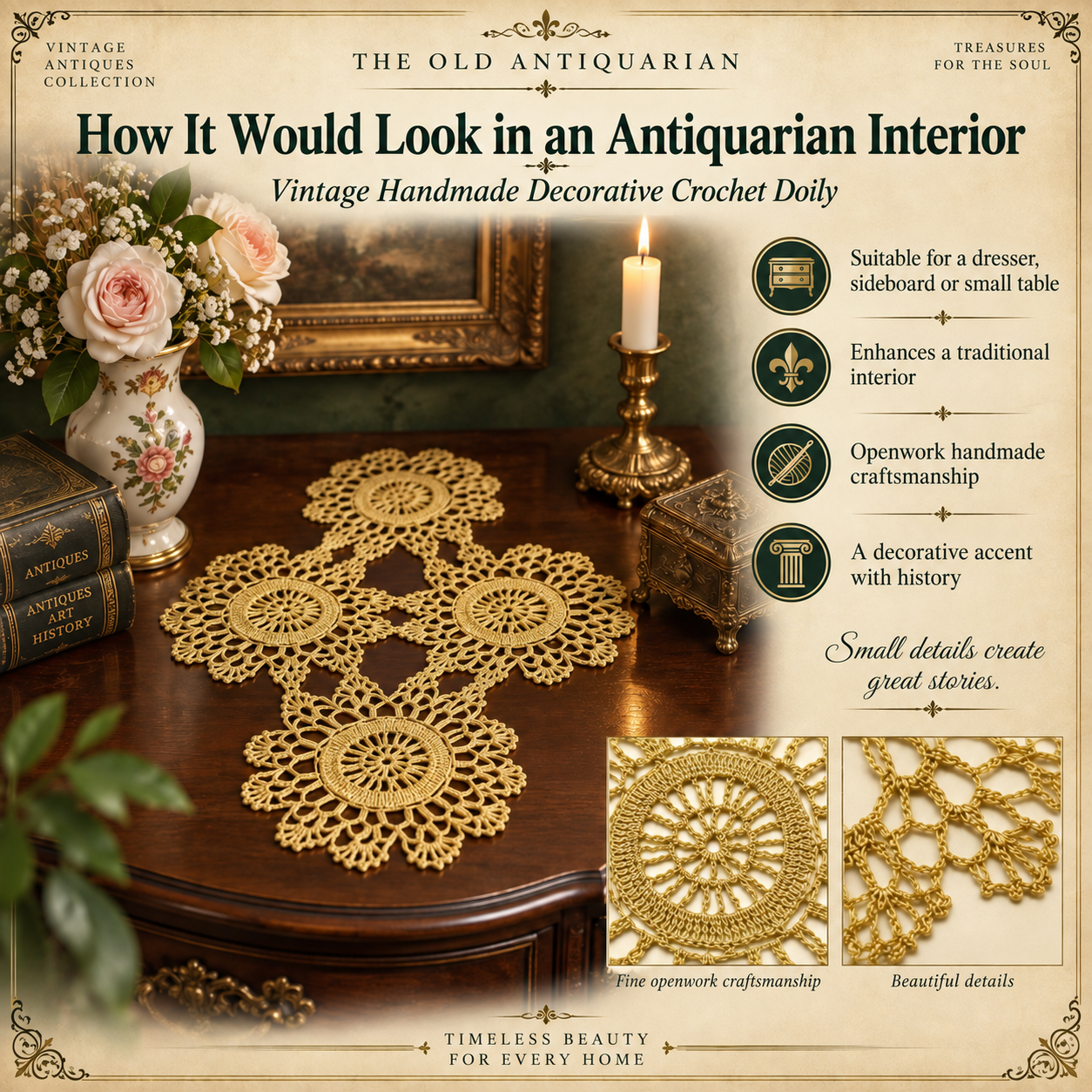 Vintage handmade gold-tone crochet doily displayed in an antiquarian interior with antique furniture, books and decorative objects