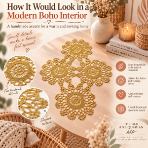 Vintage handmade gold-tone crochet doily styled in a modern boho interior with natural materials and warm neutral decor