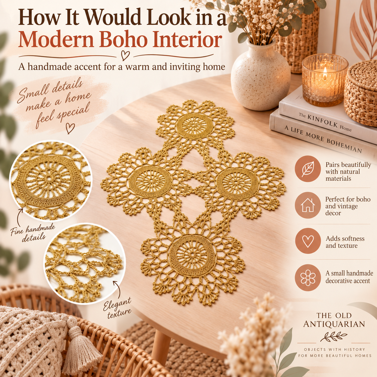 Vintage handmade gold-tone crochet doily styled in a modern boho interior with natural materials and warm neutral decor