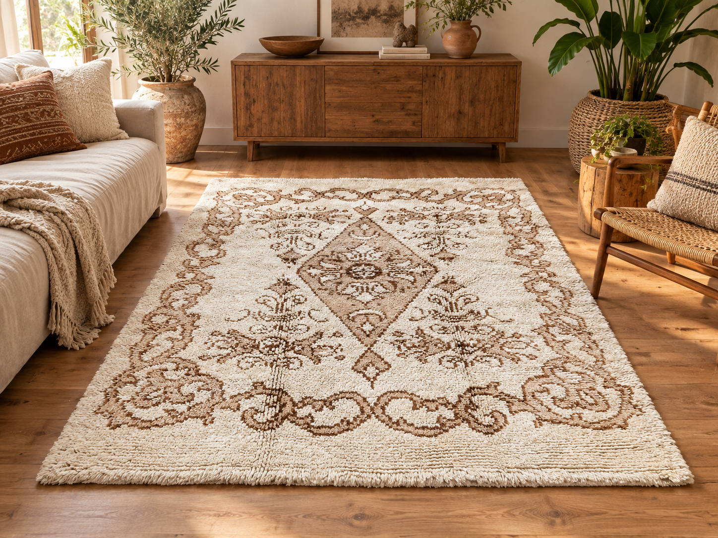 Vintage Eastern European high-pile rug with central medallion and floral motifs styled in a warm boho living room