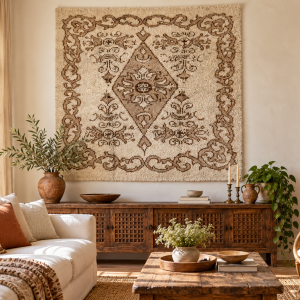 Vintage Eastern European high-pile medallion rug displayed as textile wall art in a warm boho living room