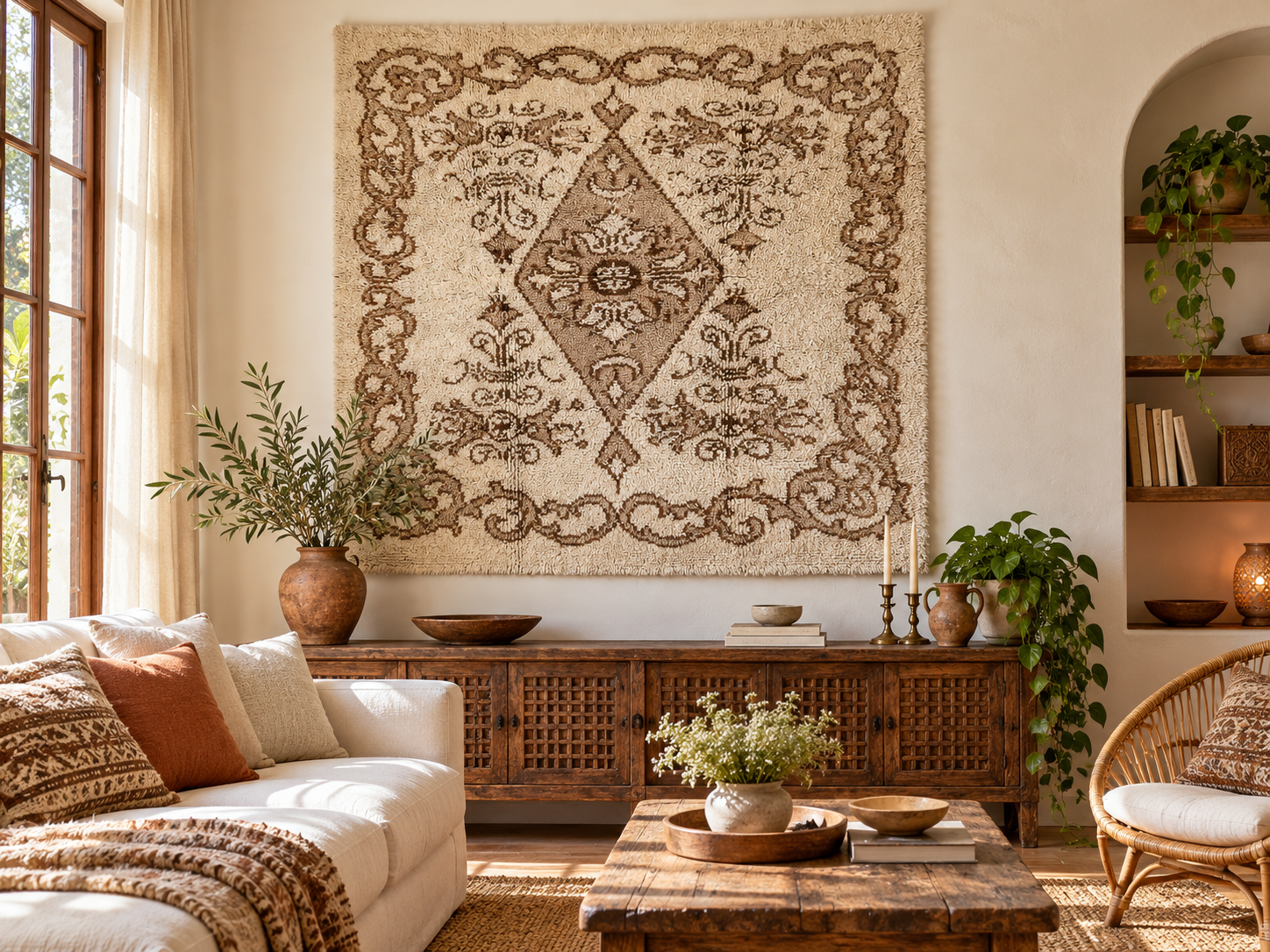 Vintage Eastern European high-pile medallion rug displayed as textile wall art in a warm boho living room