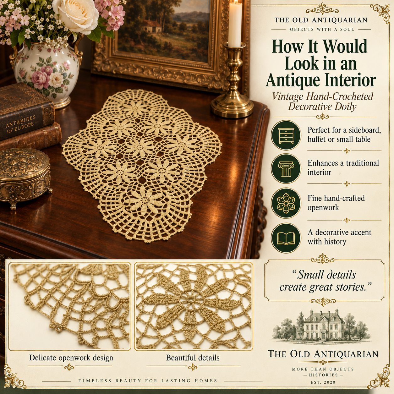 Vintage hand-crocheted doily with floral openwork motifs displayed on an antique wooden sideboard in a traditional interior
