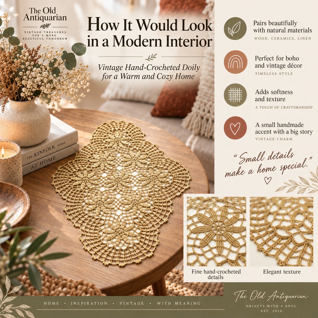 Vintage hand-crocheted doily with floral openwork motifs styled in a modern boho interior with natural wood and neutral decor