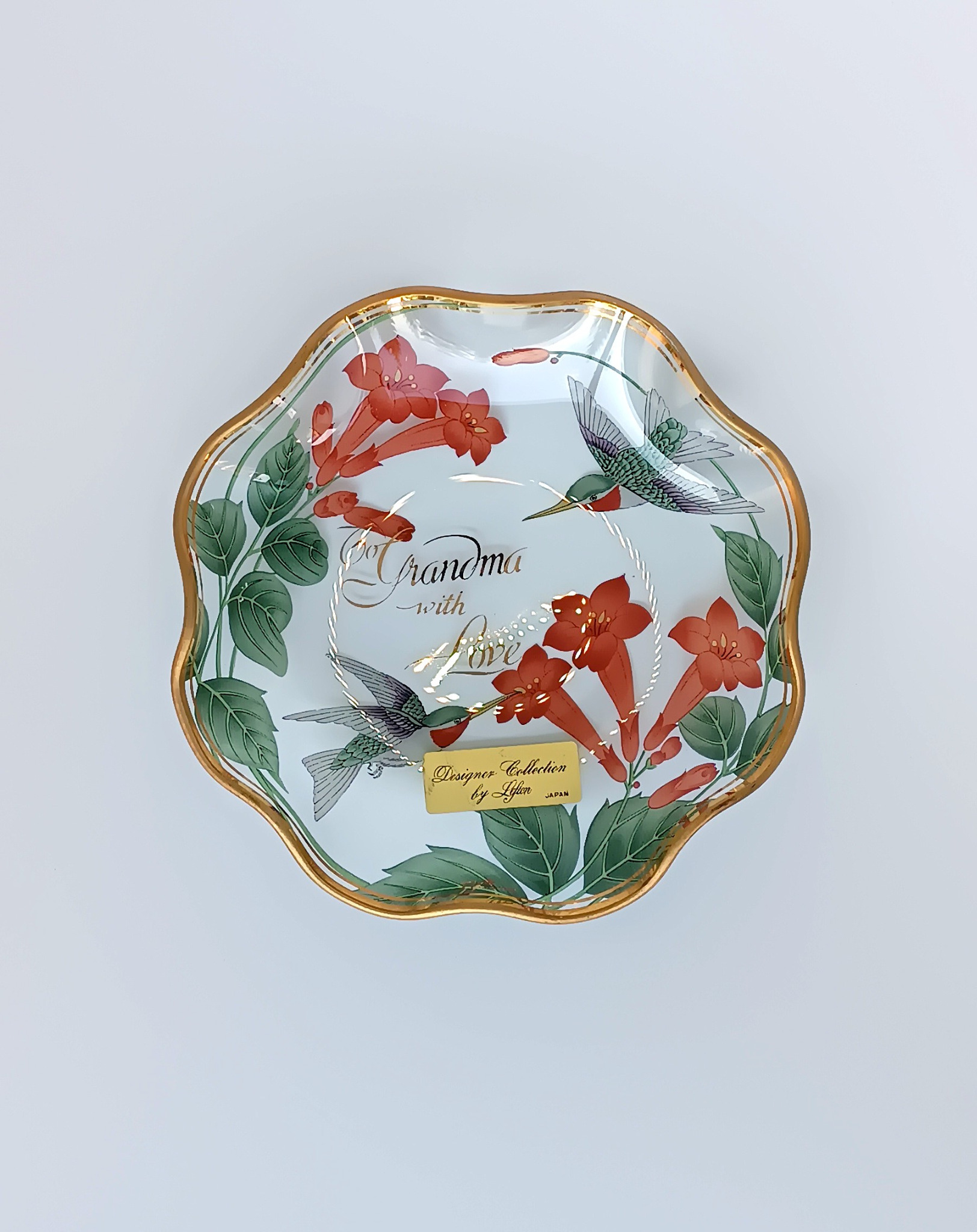 Vintage 1991 Lefton Japan decorative glass plate with hummingbirds, red flowers, gold-tone rim and To Grandma with Love inscription
