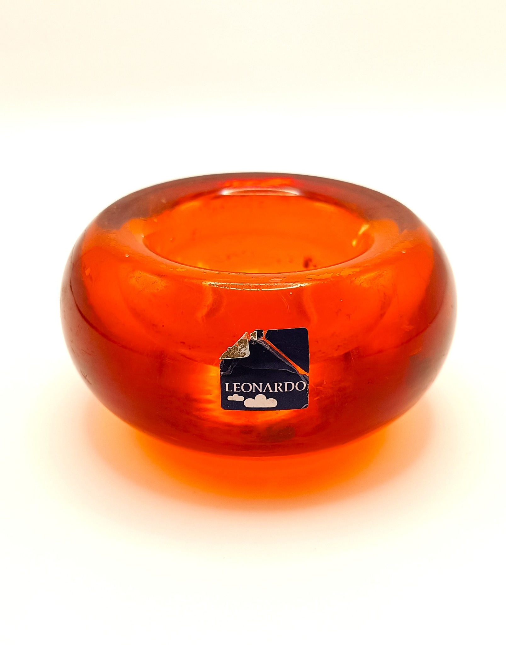 Vintage LEONARDO orange art glass tealight holder with original label