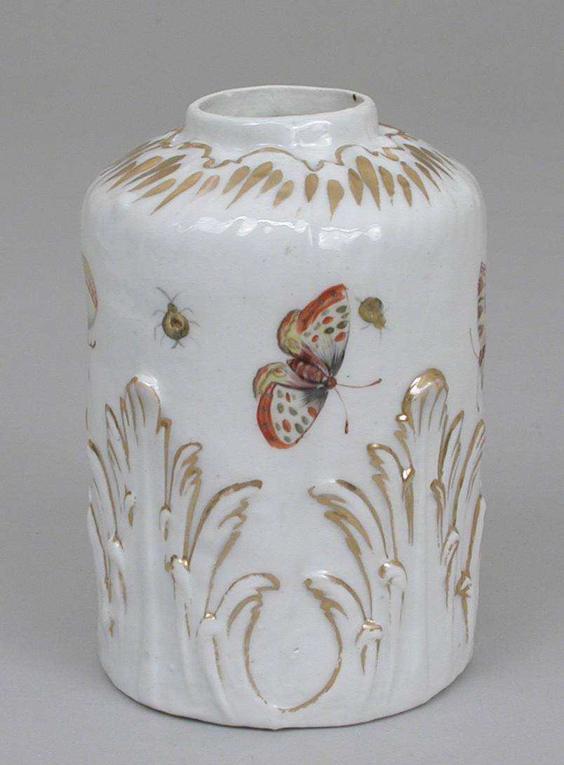 Volkstedt hard-paste porcelain tea caddy with butterfly and gilt decoration late 18th century