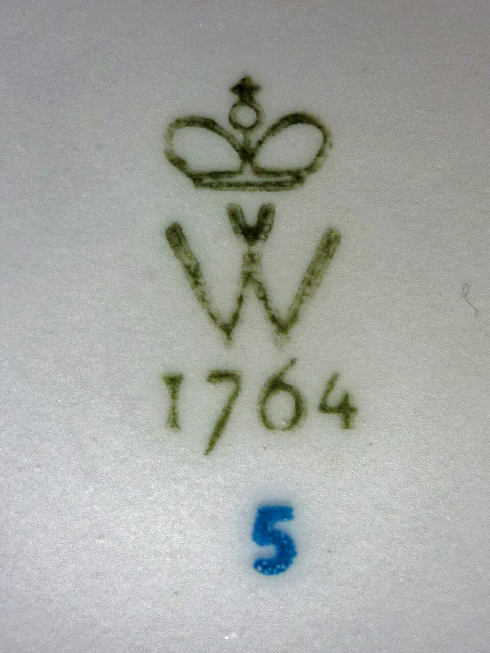 Wallendorf porcelain mark with crown above W, the number 1764 and additional blue factory number
