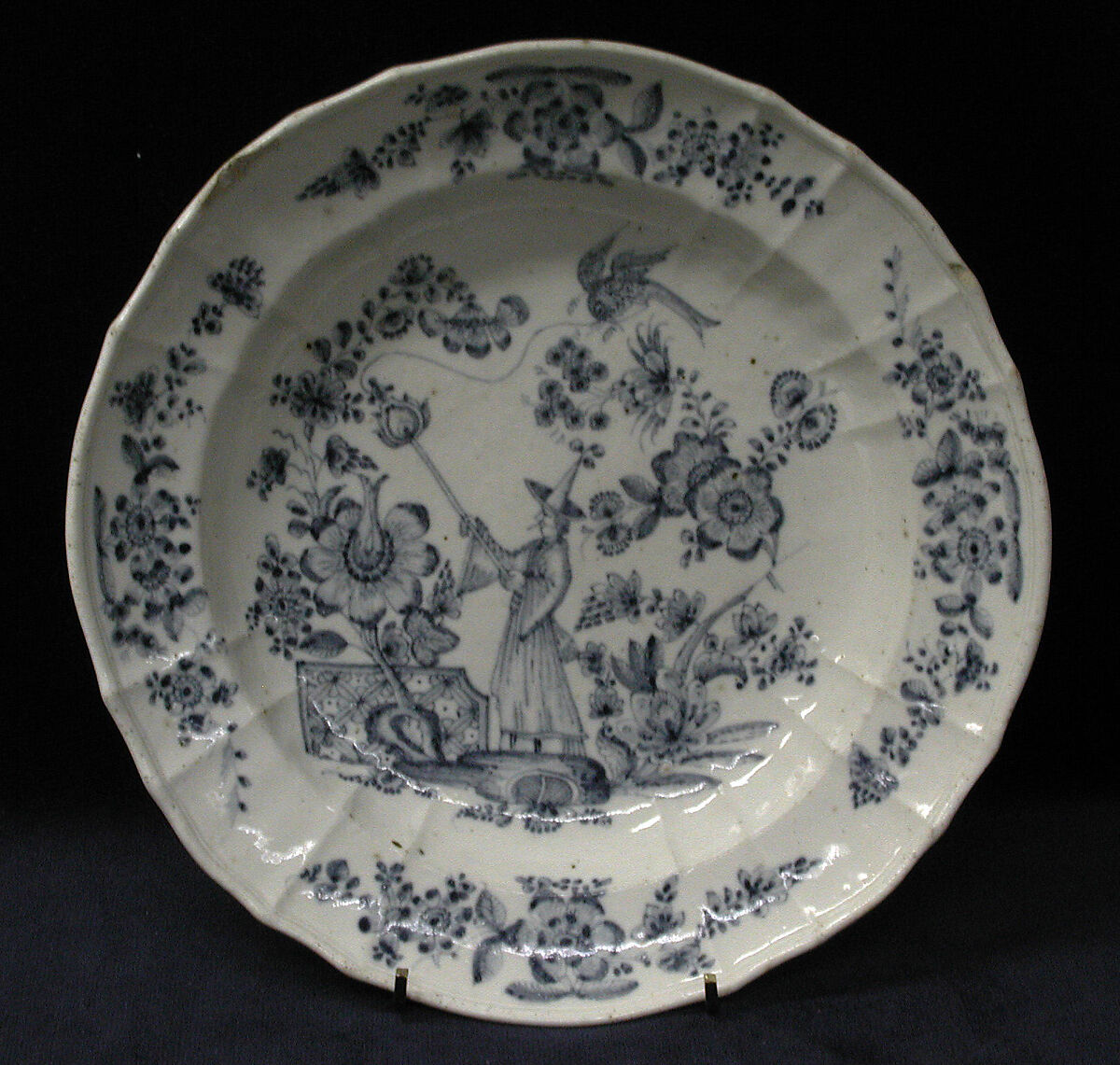 Wallendorf porcelain soup plate circa 1765–1775 with monochrome floral bird and figural decoration