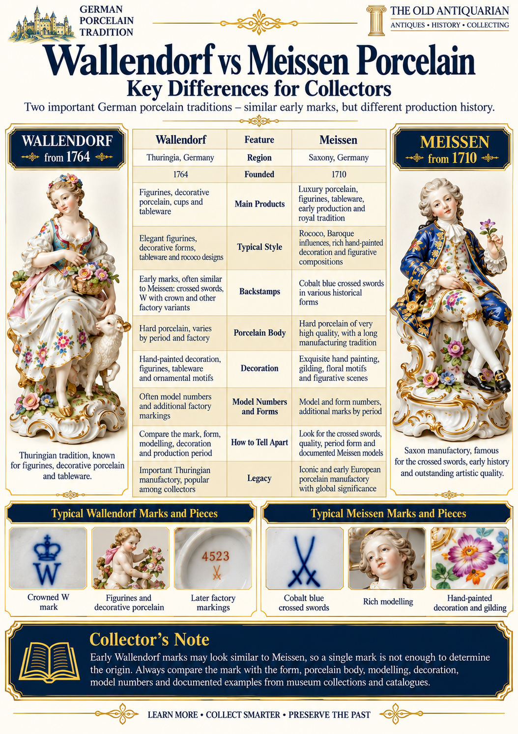 Wallendorf vs Meissen porcelain comparison showing differences in history marks figurines decoration porcelain body and identification
