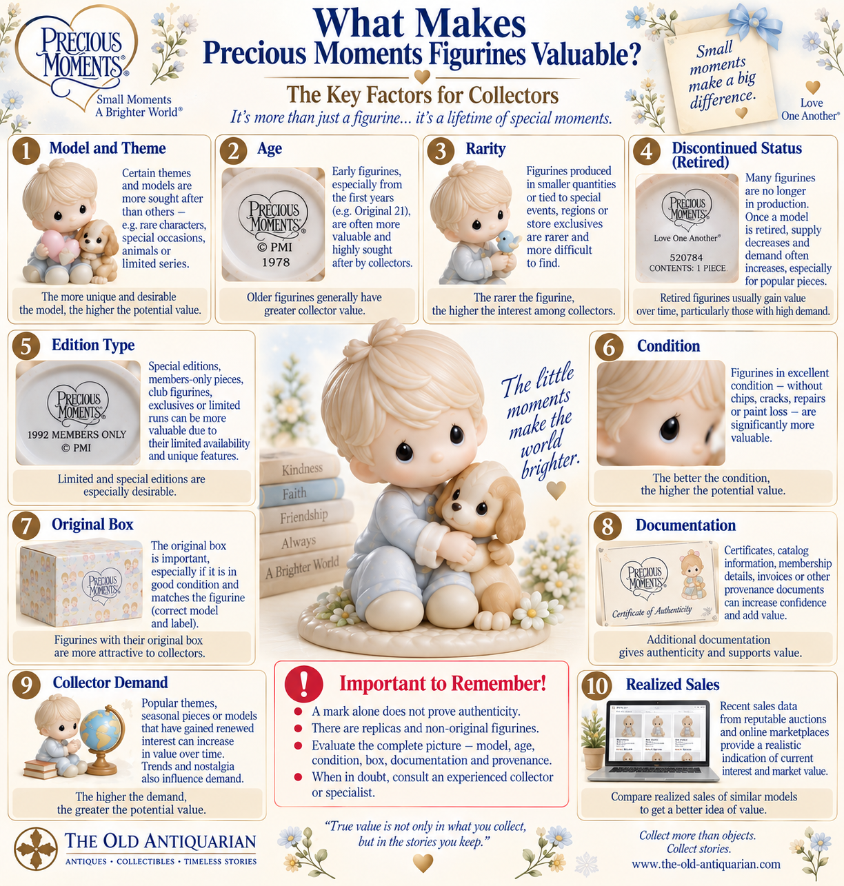 What makes Precious Moments figurines valuable including model age rarity retired status edition condition original box documentation demand and completed sales
