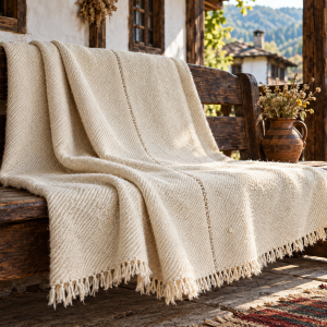 Antique Bulgarian handwoven wool blanket from the Yambol region displayed on a wooden bench on a traditional veranda