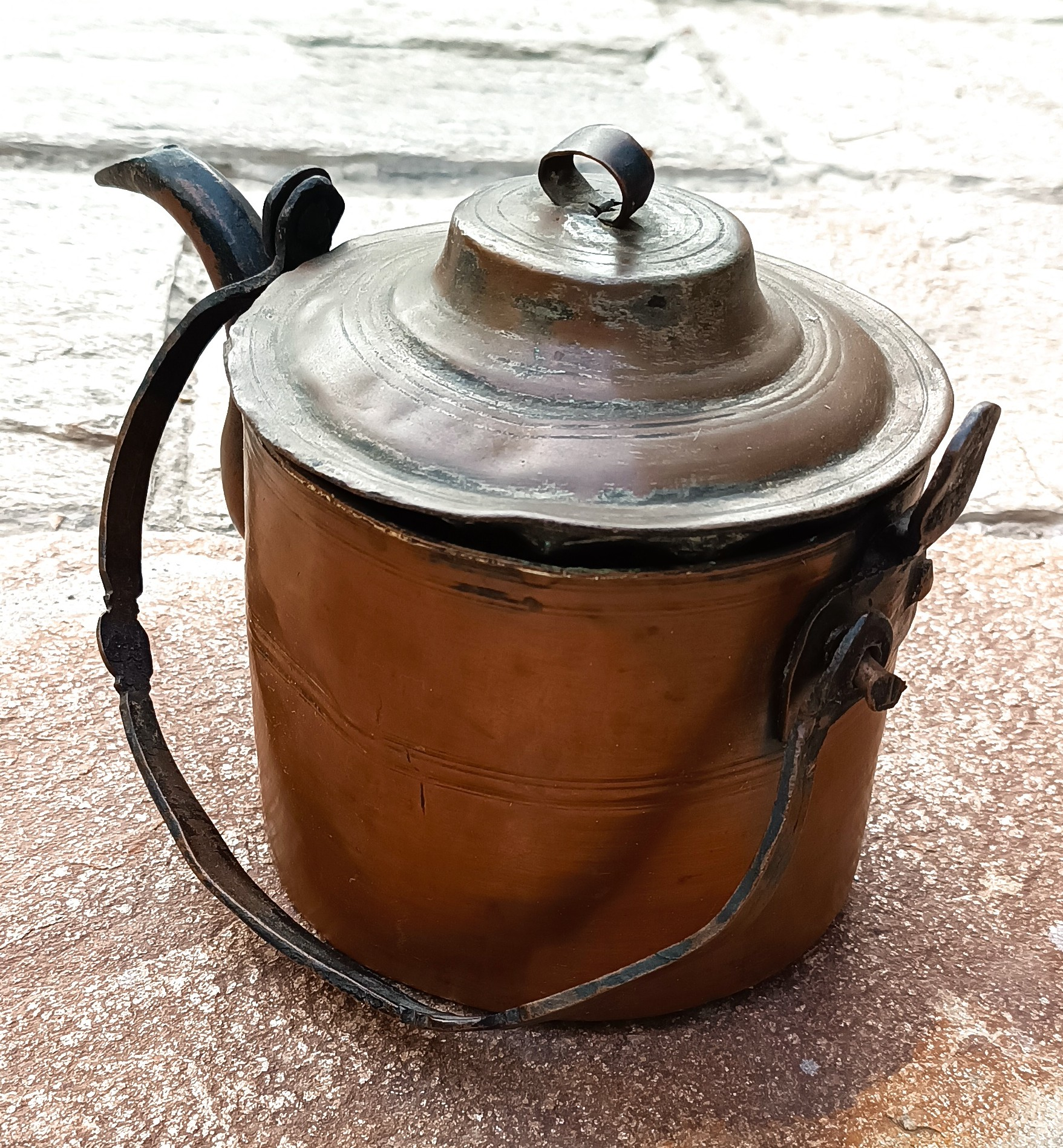 Antique European copper water kettle with stepped removable lid, curved gooseneck spout, riveted mounts and iron swing handle
