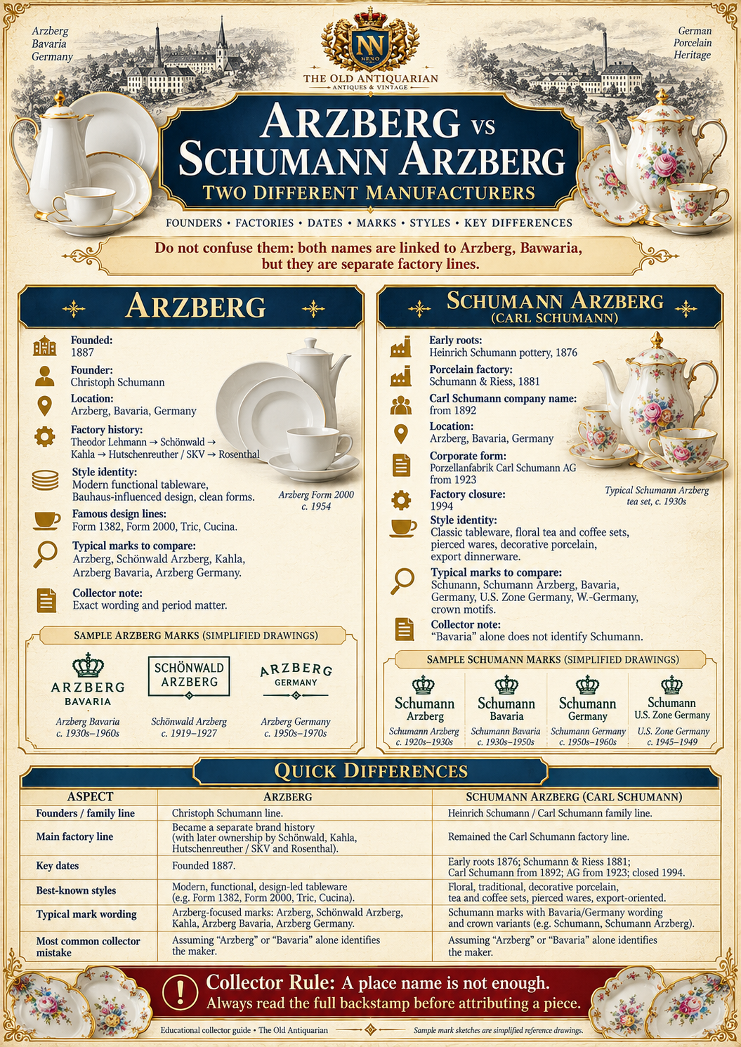Infographic comparing Arzberg and Schumann Arzberg porcelain manufacturers, founders, factory history, marks and modern versus decorative designs