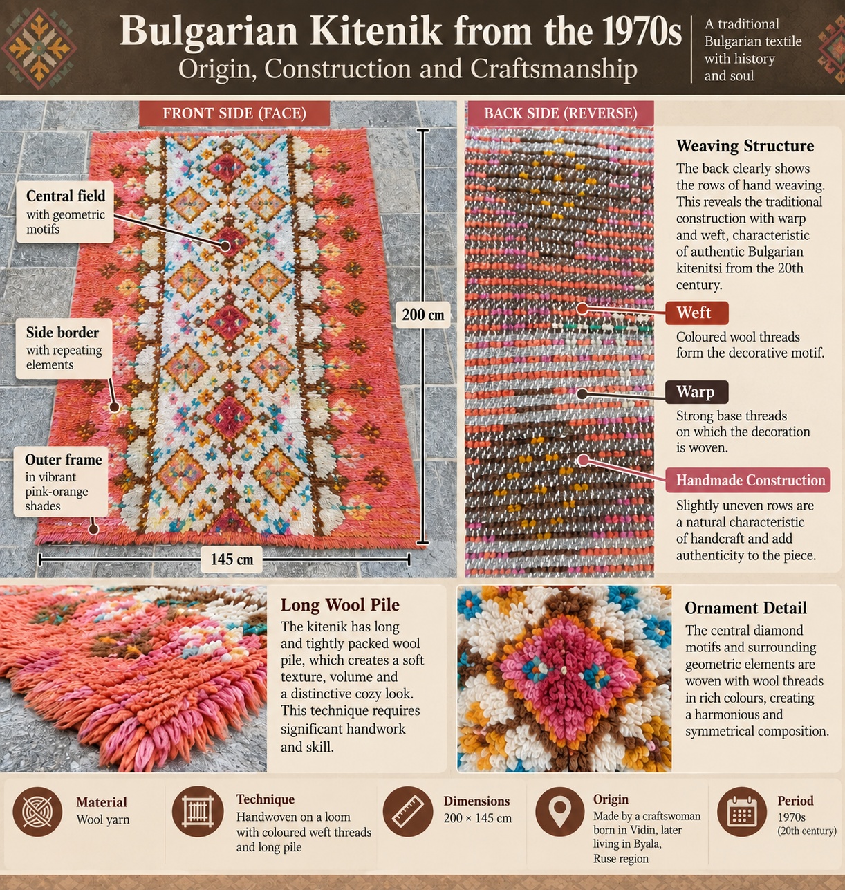 Infographic about a Bulgarian kitenik from the 1970s showing the front, reverse, weaving structure, wool pile, geometric motifs and dimensions
