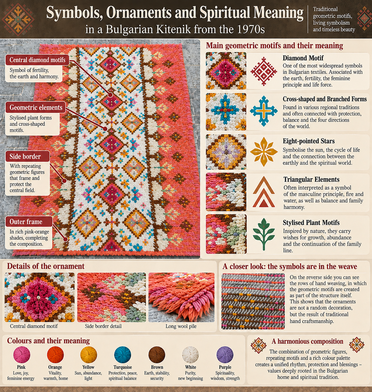 Infographic about symbols, ornaments and spiritual meaning in a Bulgarian kitenik from the 1970s, showing diamond, cross-shaped, star, triangular and plant motifs