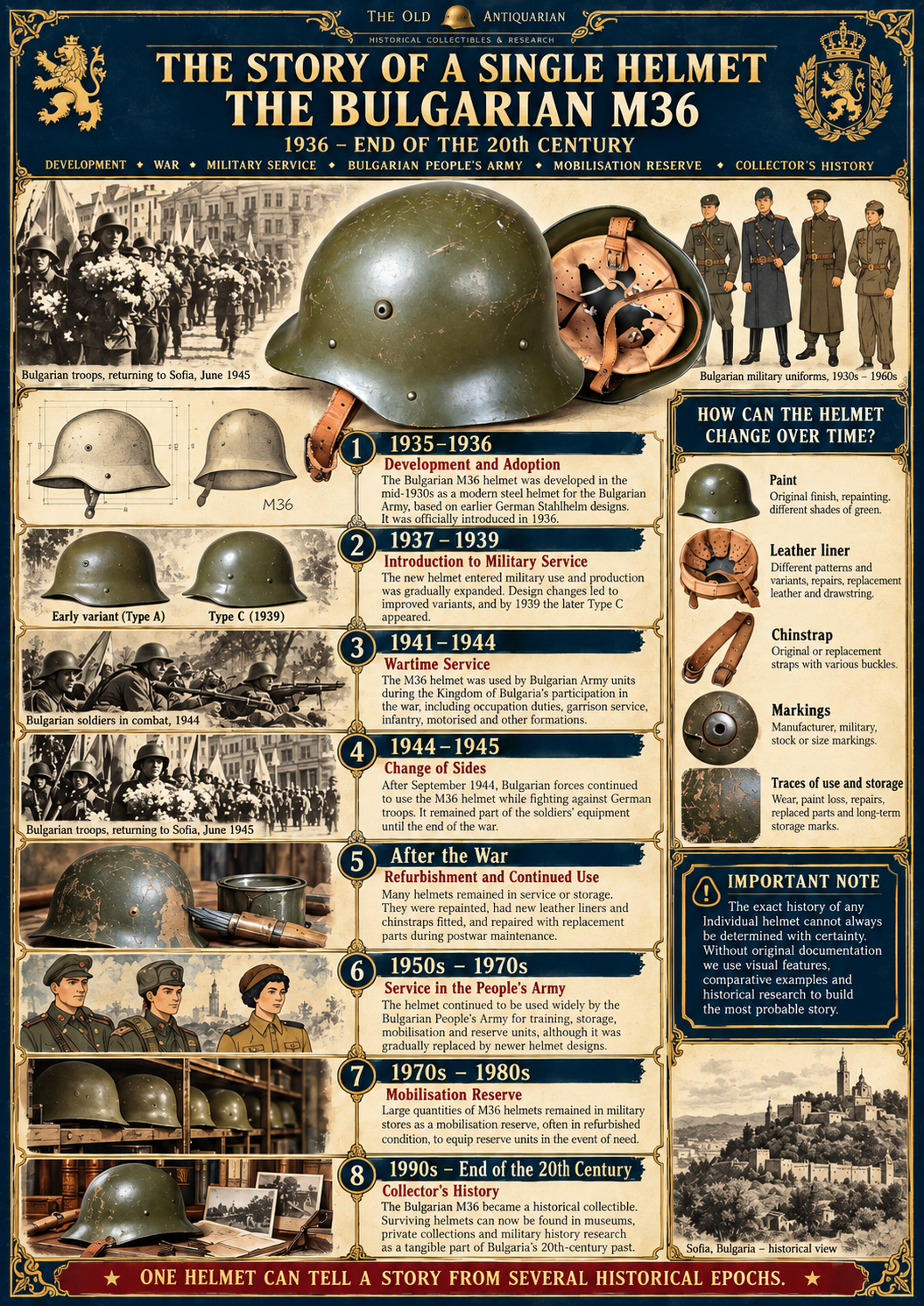 The Story of a Single Helmet, Bulgarian M36 historical infographic showing development in 1936, World War II service, postwar refurbishment and collector history