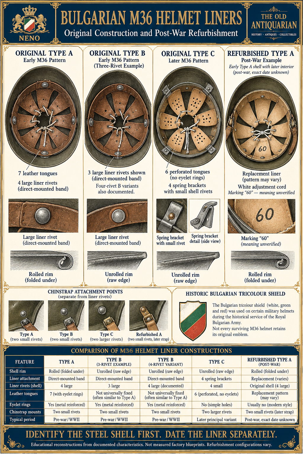 Bulgarian M36 helmet leather liner reference comparing original Type A, Type B, Type C and postwar-refurbished Type A interiors