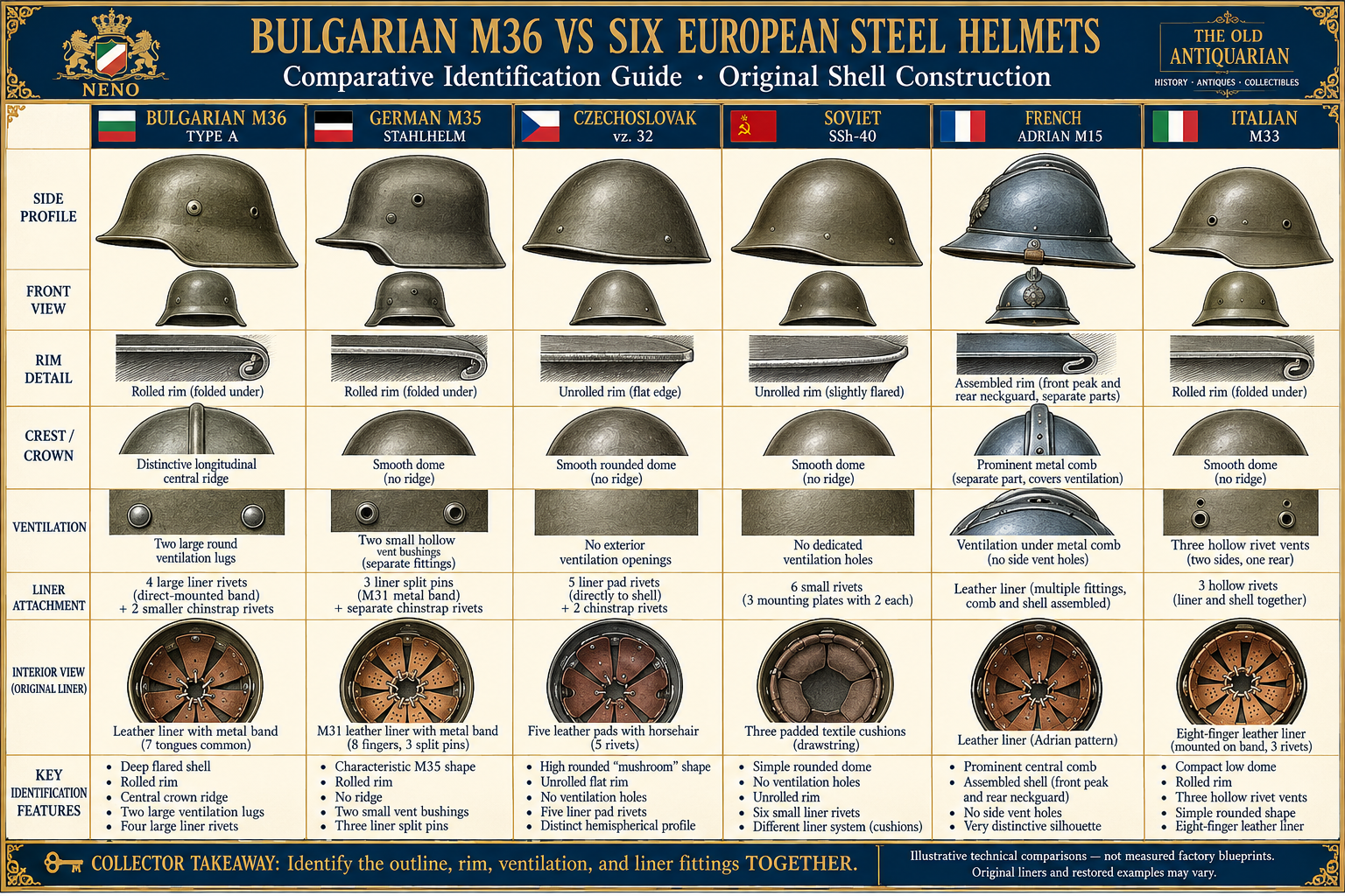Comparison infographic of Bulgarian M36 helmet with German M35 Stahlhelm, Soviet SSh-40, American M1 and British Mk II World War II helmets