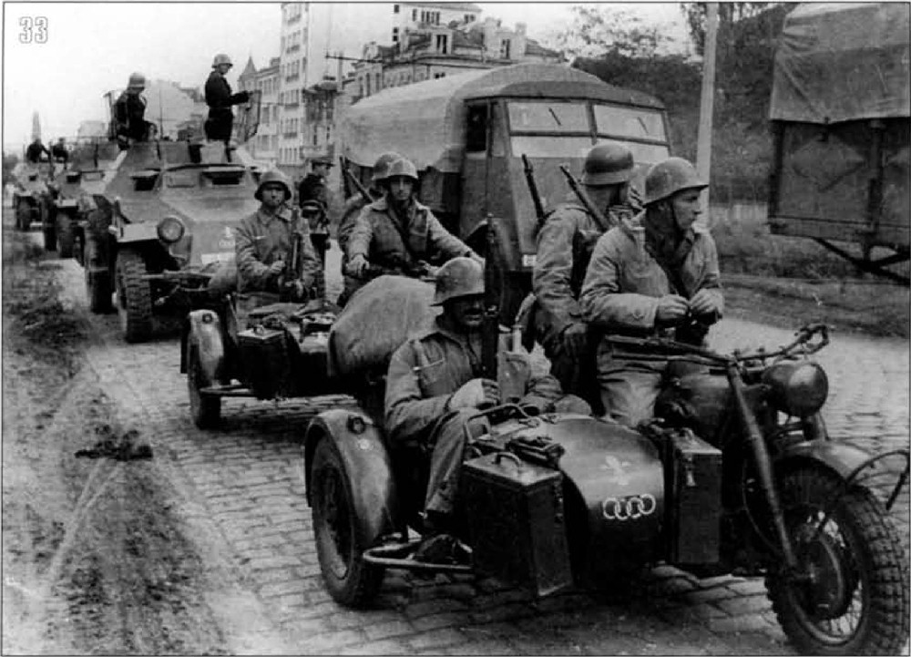 Historic photograph attributed to Bulgarian motorised troops and motorcycles in Yugoslavia during the 1944 campaign