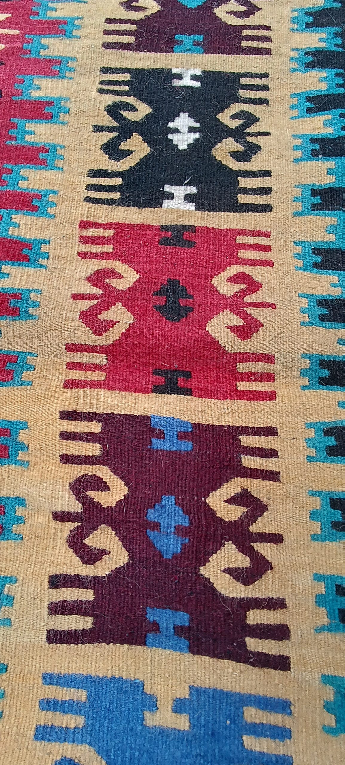 Vertical close-up of black, red and burgundy Pileta and Karakachka ornamental figures on a cream border with turquoise stepped details.