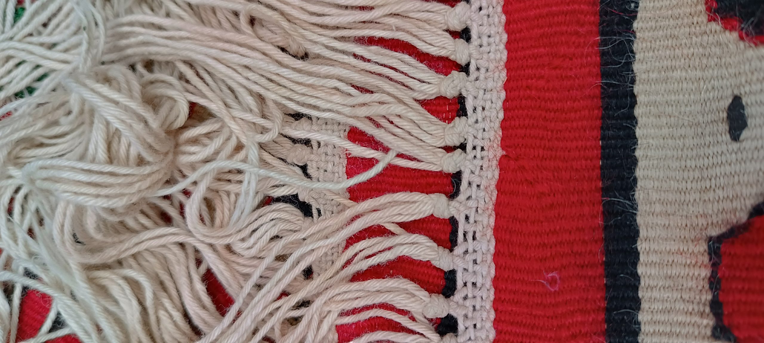 Close-up of the Chiprovtsi rug’s white cotton fringes, warp-end knots, narrow red finishing band and black stripe.