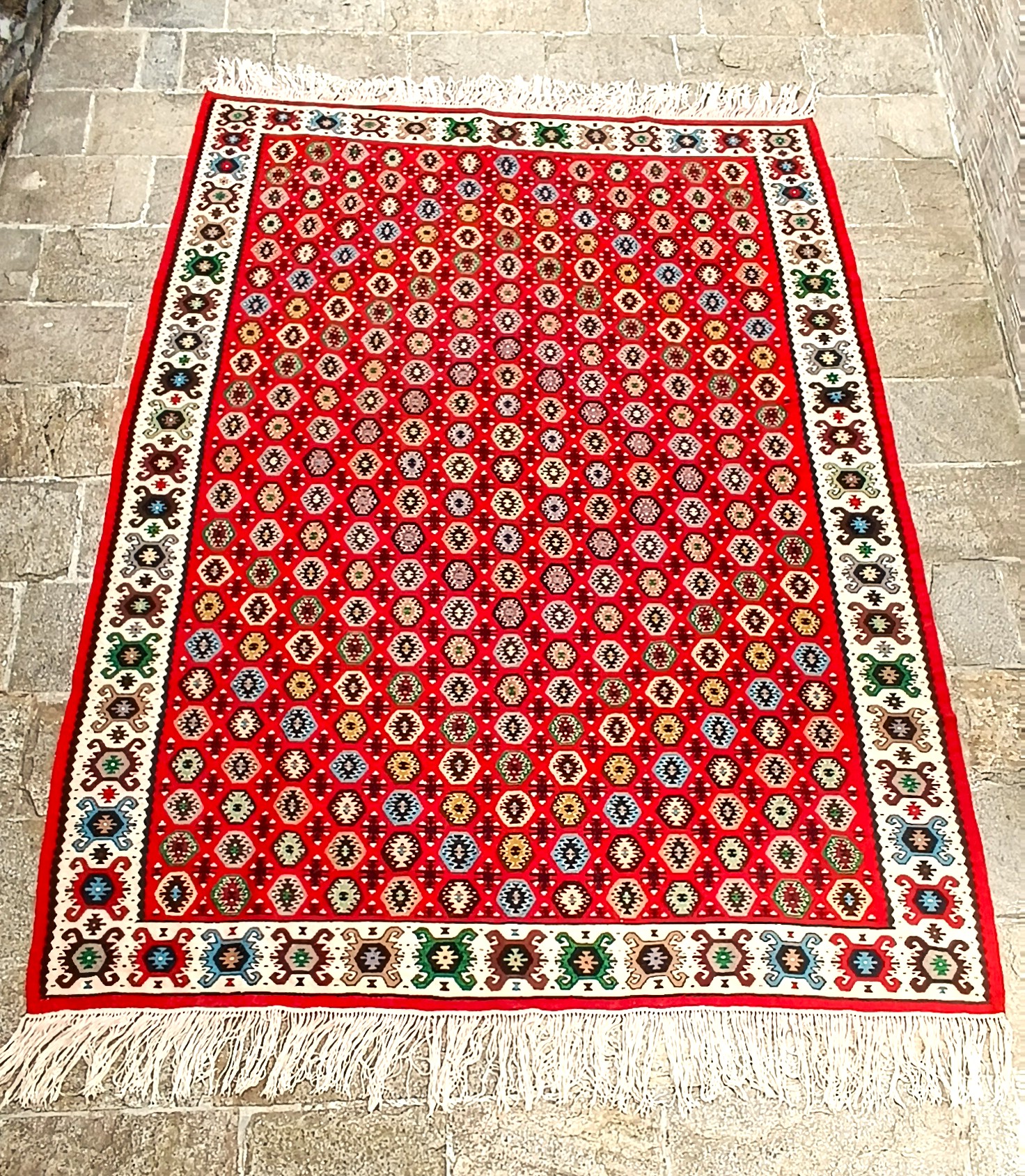 Full view of the Bulgarian Chiprovtsi Bombichki rug, 325 by 203 cm, with a red geometric field, a cream border and white fringes.