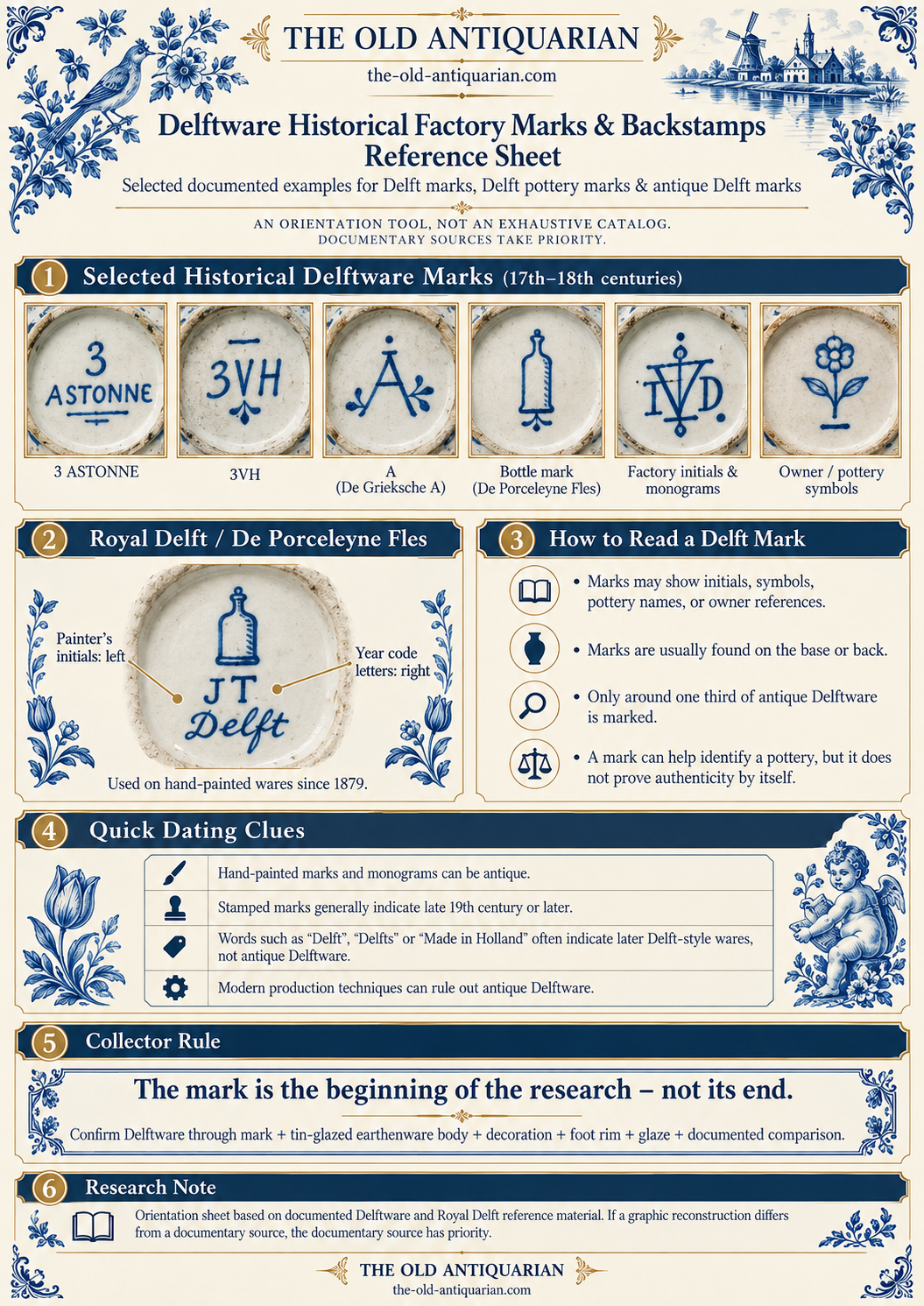 Delftware historical factory marks and backstamps reference sheet with antique Delft marks and Royal Delft examples