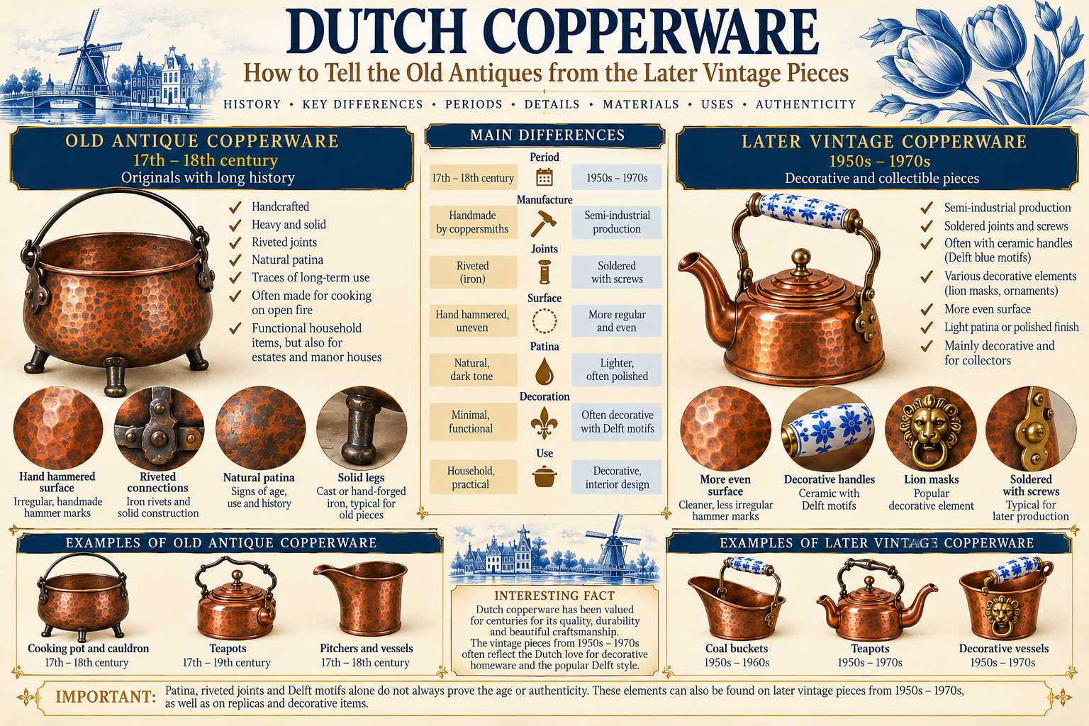 Illustrated comparison of antique Dutch copper pots and kettles with vintage 1950s to 1970s coal scuttles showing rivets, iron fittings, patina, lion masks and Delft-style handles