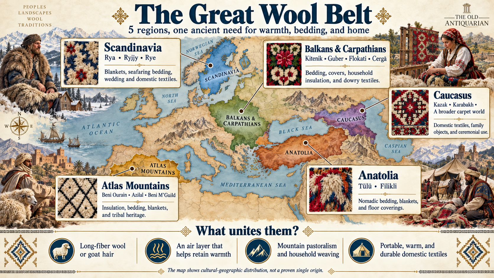 The Great Wool Belt – Traditional Shaggy Wool Rugs Across Five Regions The Great Wool Belt illustrated map comparing traditional shaggy wool rugs from Scandinavia, the Balkans, Anatolia, the Caucasus and the Atlas Mountains