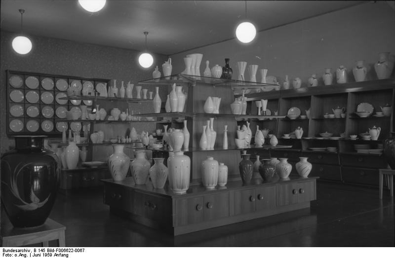 Heinrich and Co porcelain factory showroom in Selb Bavaria photographed in June 1959 showing vases pitchers plates and decorative porcelain vessels
