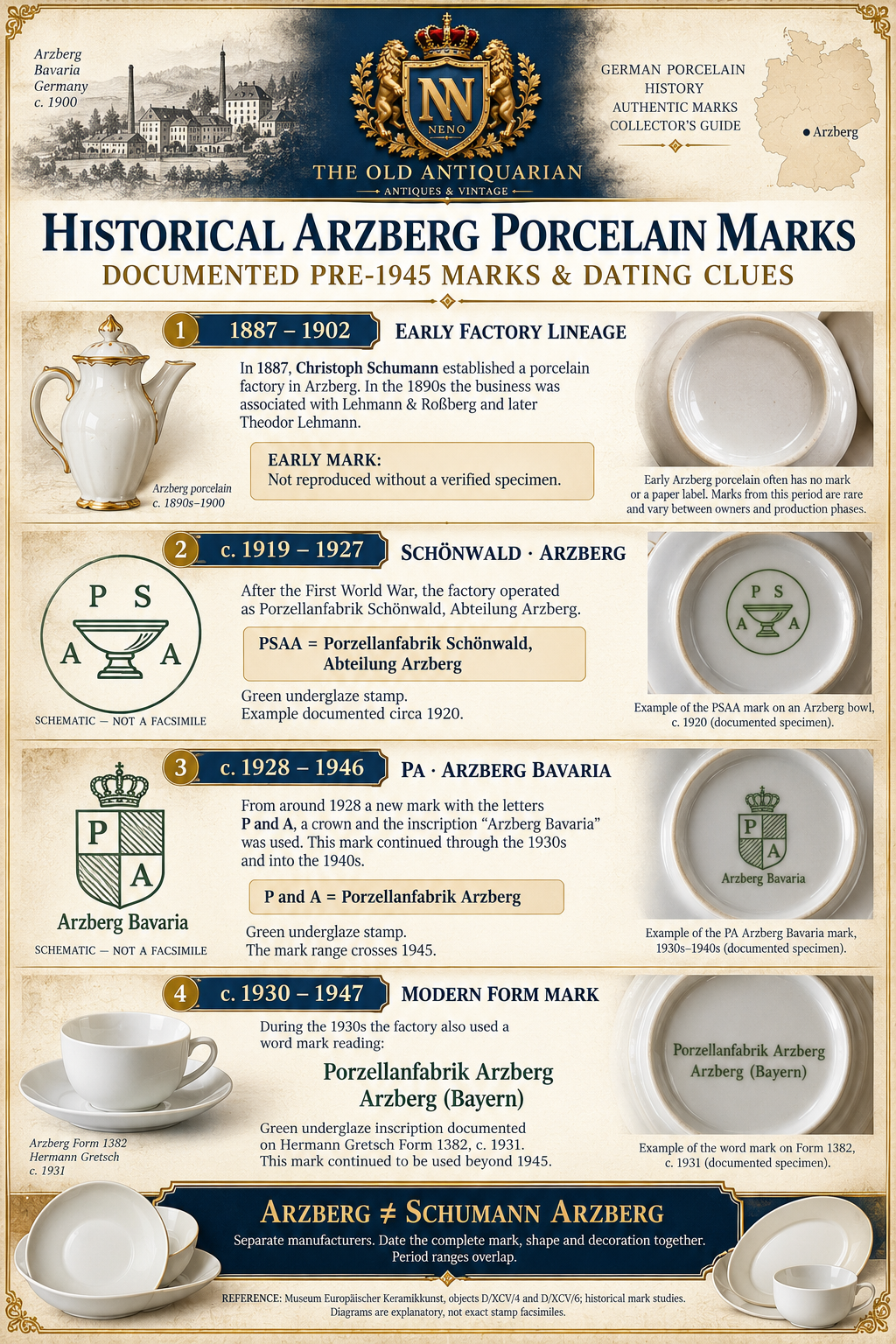 Educational Arzberg porcelain marks infographic showing pre-1945 Schönwald PSAA, crowned PA and Porzellanfabrik Arzberg marking families