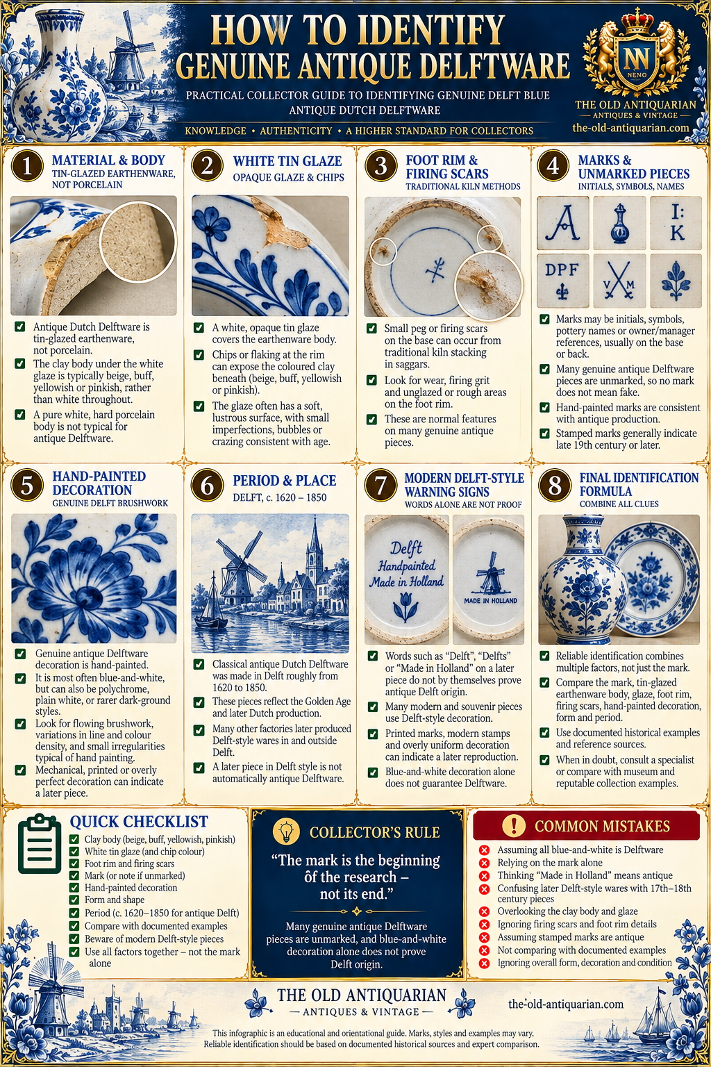 How to identify genuine antique Delftware using tin-glazed earthenware body, glaze, foot rim, firing scars, marks and decoration