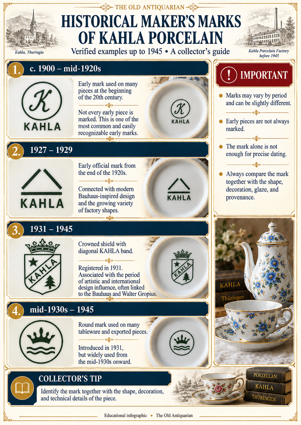 Collector illustration of historical Kahla porcelain mark categories before 1945 including early K, geometric symbols, and 1931 registered emblem types