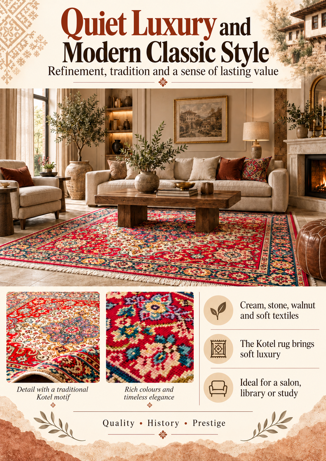 Quiet luxury and modern classic interior with Bulgarian Kotel rug