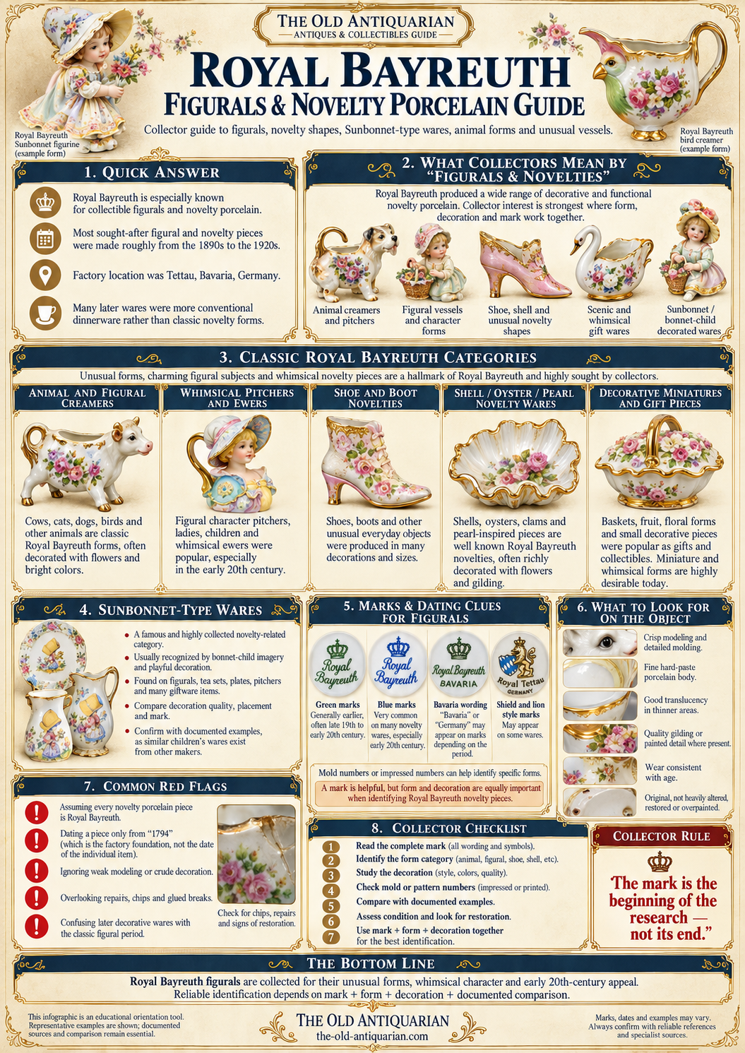 Royal Bayreuth figurals and novelty porcelain guide with animal creamers, figural pitchers, SunBonnet-style wares, shoe and shell forms, marks, dating clues and collector checklist