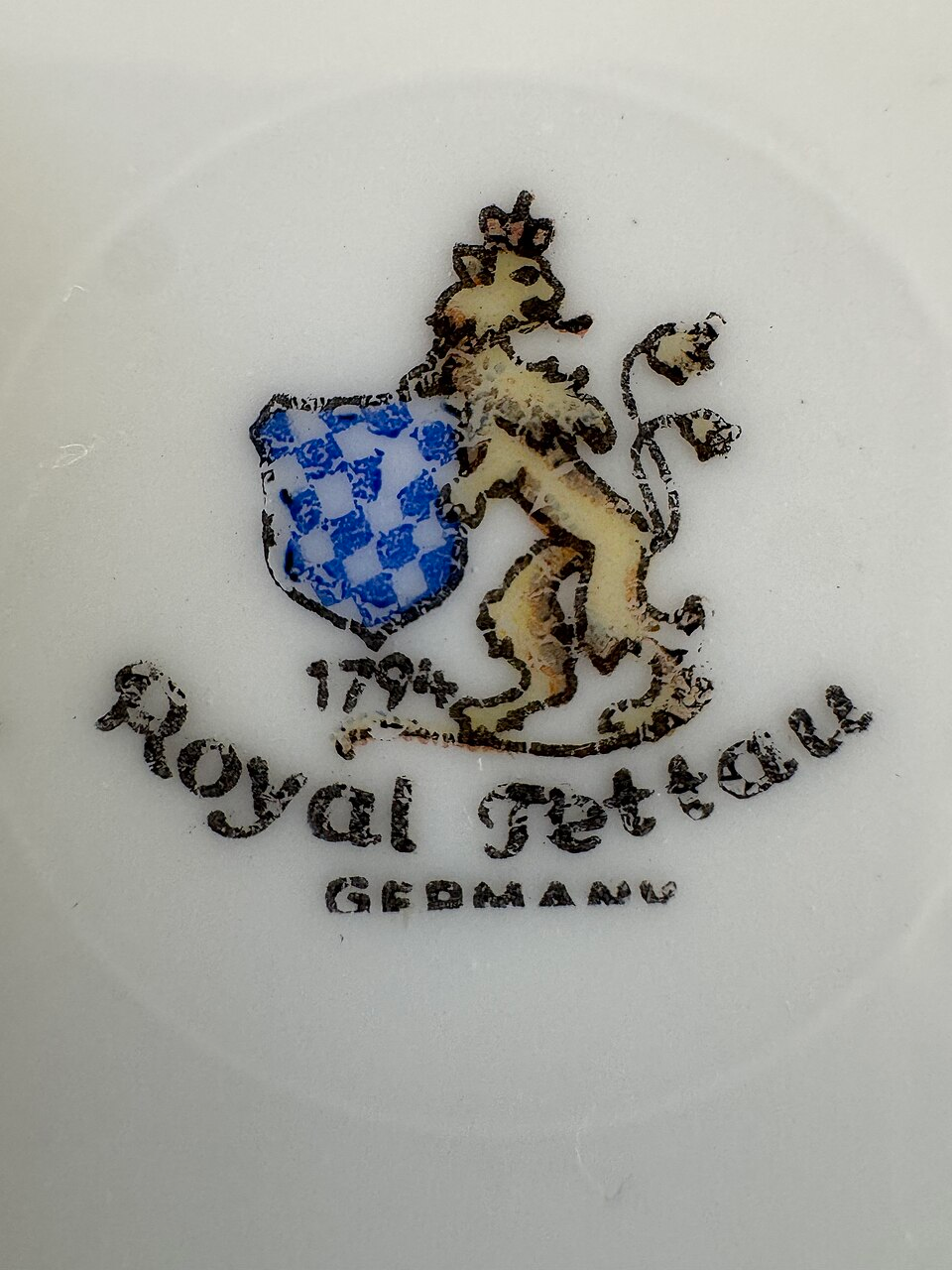 Royal Tettau Germany porcelain mark with 1794 date, crowned lion and blue-white Bavaria shield backstamp