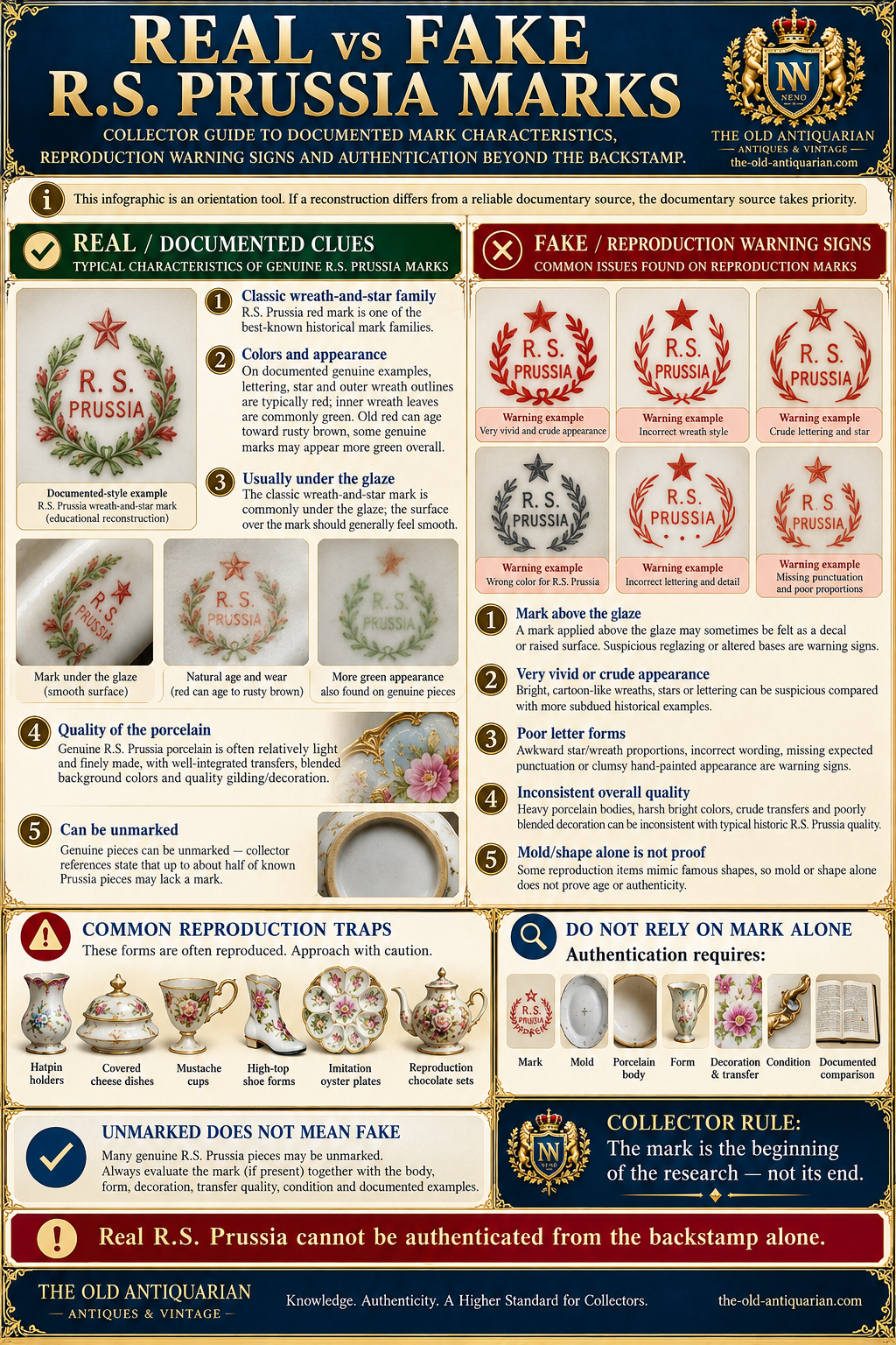 Real vs fake R.S. Prussia marks guide showing documented mark traits and reproduction warning signs