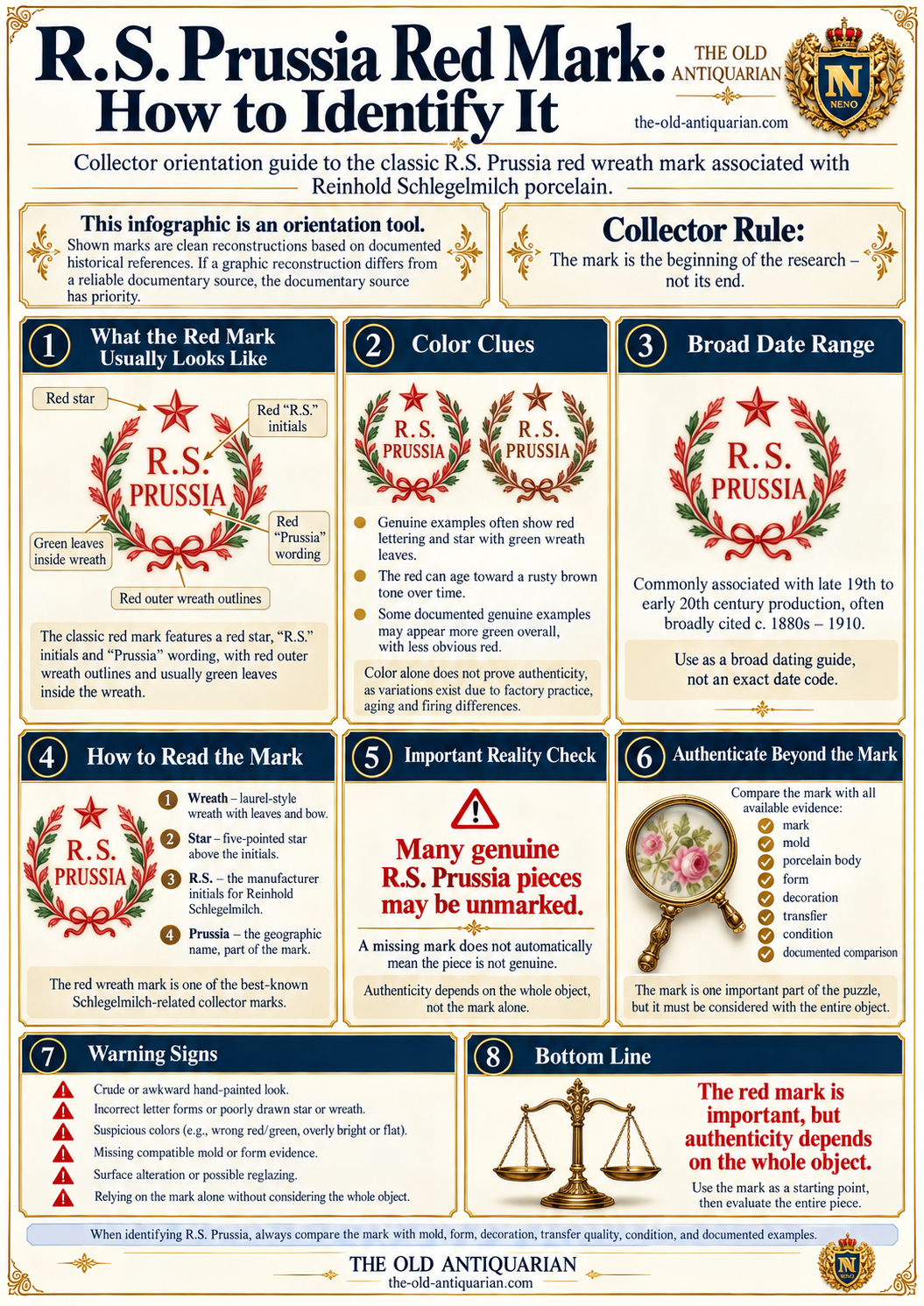 R.S. Prussia red mark identification guide showing wreath, star, lettering and authenticity clues