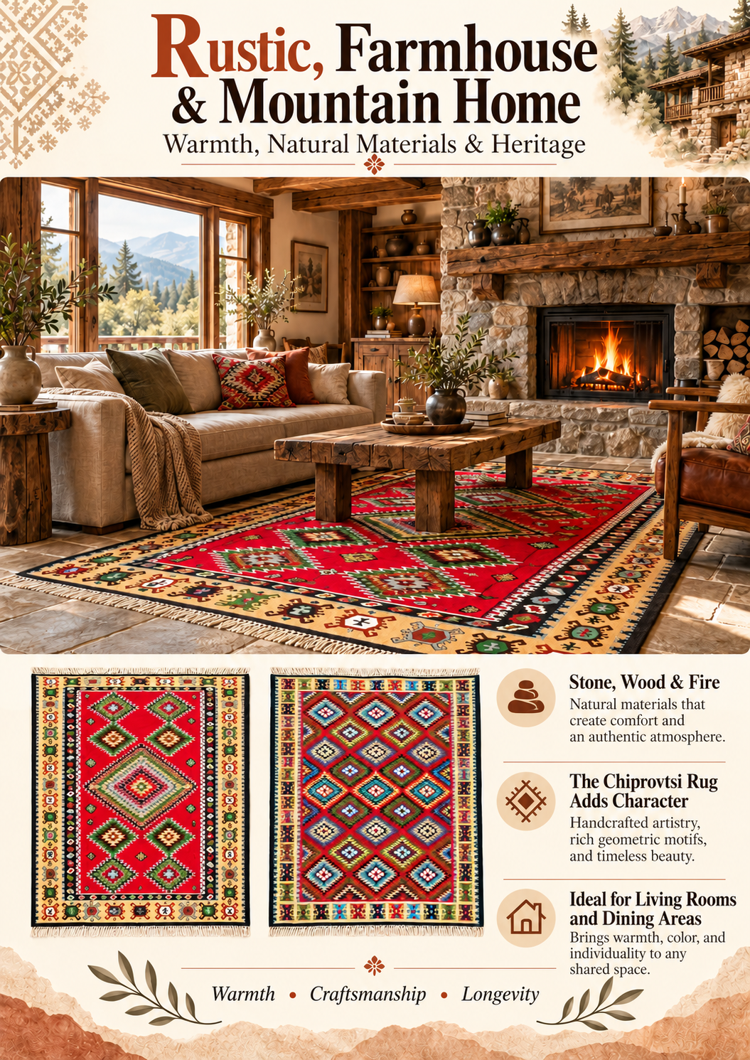 Rustic farmhouse and mountain home interior with Chiprovtsi rugs