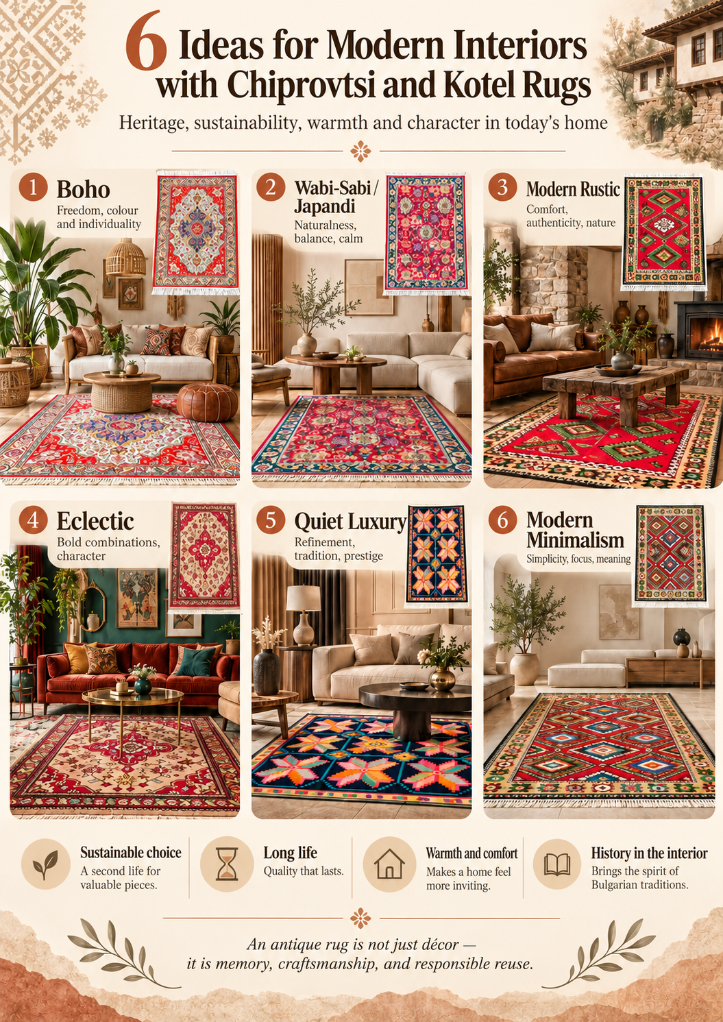 Six modern interior design ideas with Chiprovtsi and Kotel rugs infographic