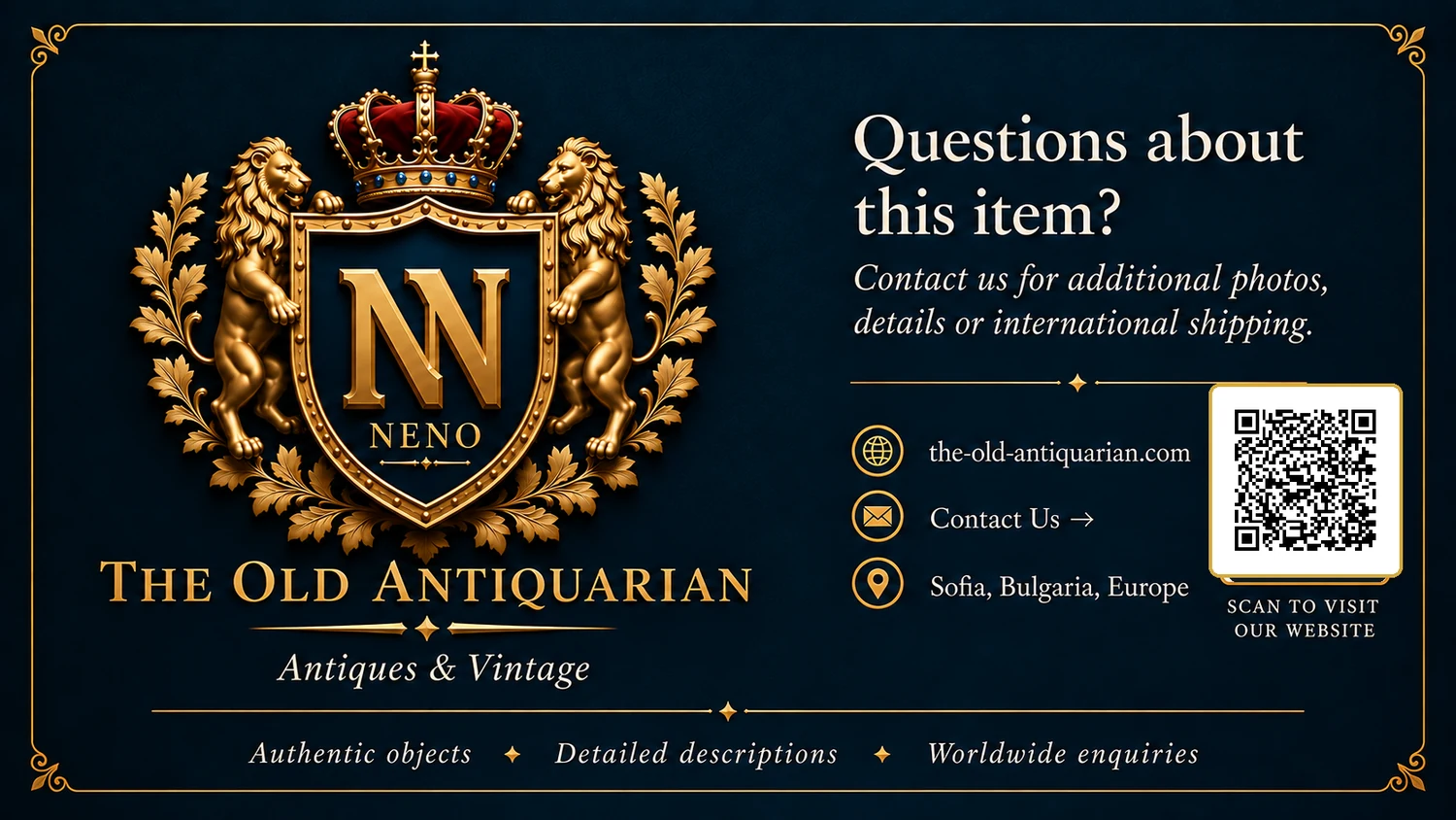 The Old Antiquarian contact card with website, Sofia Bulgaria Europe location and QR code for product enquiries