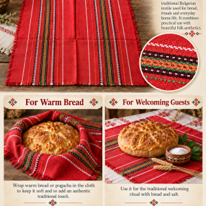 Infographic showing how a traditional Bulgarian bread cloth can be used for warm pogacha and welcoming guests with bread and salt