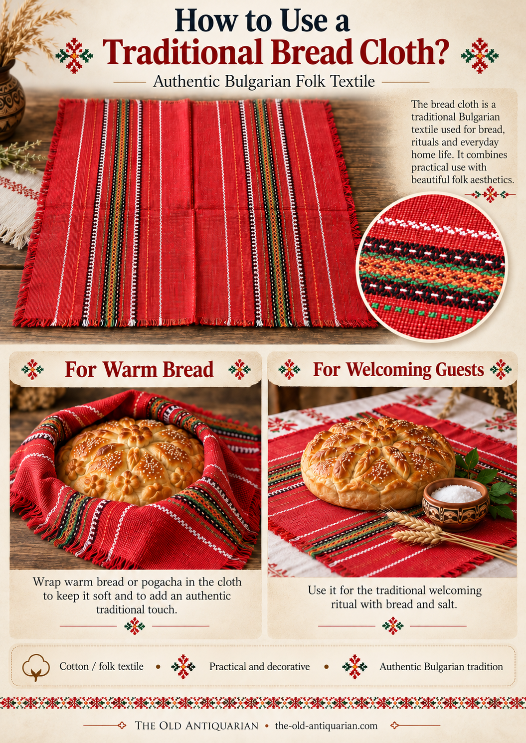 Infographic showing how a traditional Bulgarian bread cloth can be used for warm pogacha and welcoming guests with bread and salt