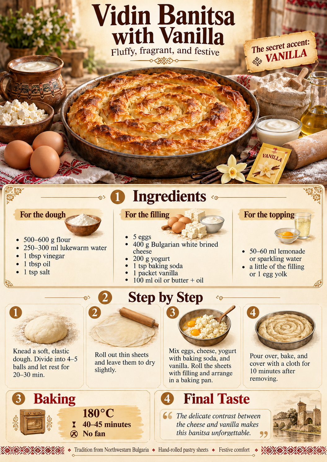 English recipe infographic for Bulgarian Vidin banitsa with vanilla showing ingredients, homemade pastry sheets, preparation and baking.
