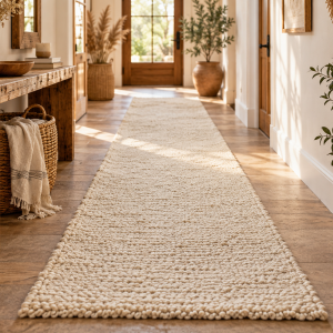 Vintage Balkan handwoven wool runner with cream long pile displayed in a warm boho-style hallway interior