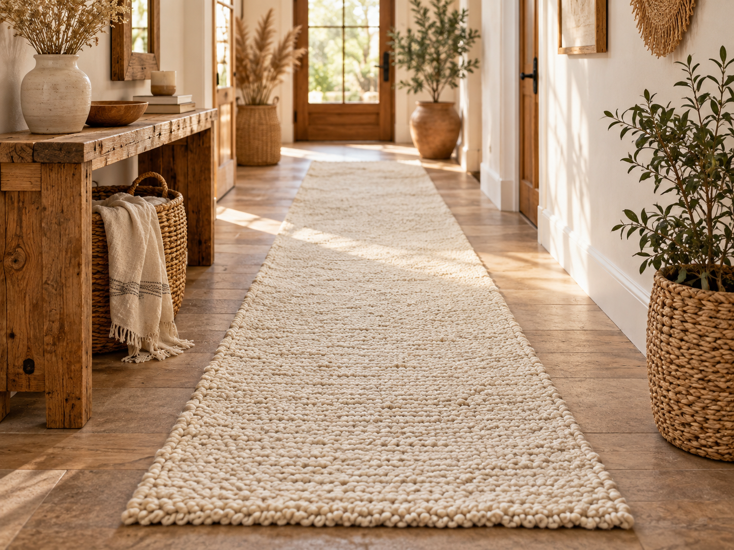 Vintage Balkan handwoven wool runner with cream long pile displayed in a warm boho-style hallway interior