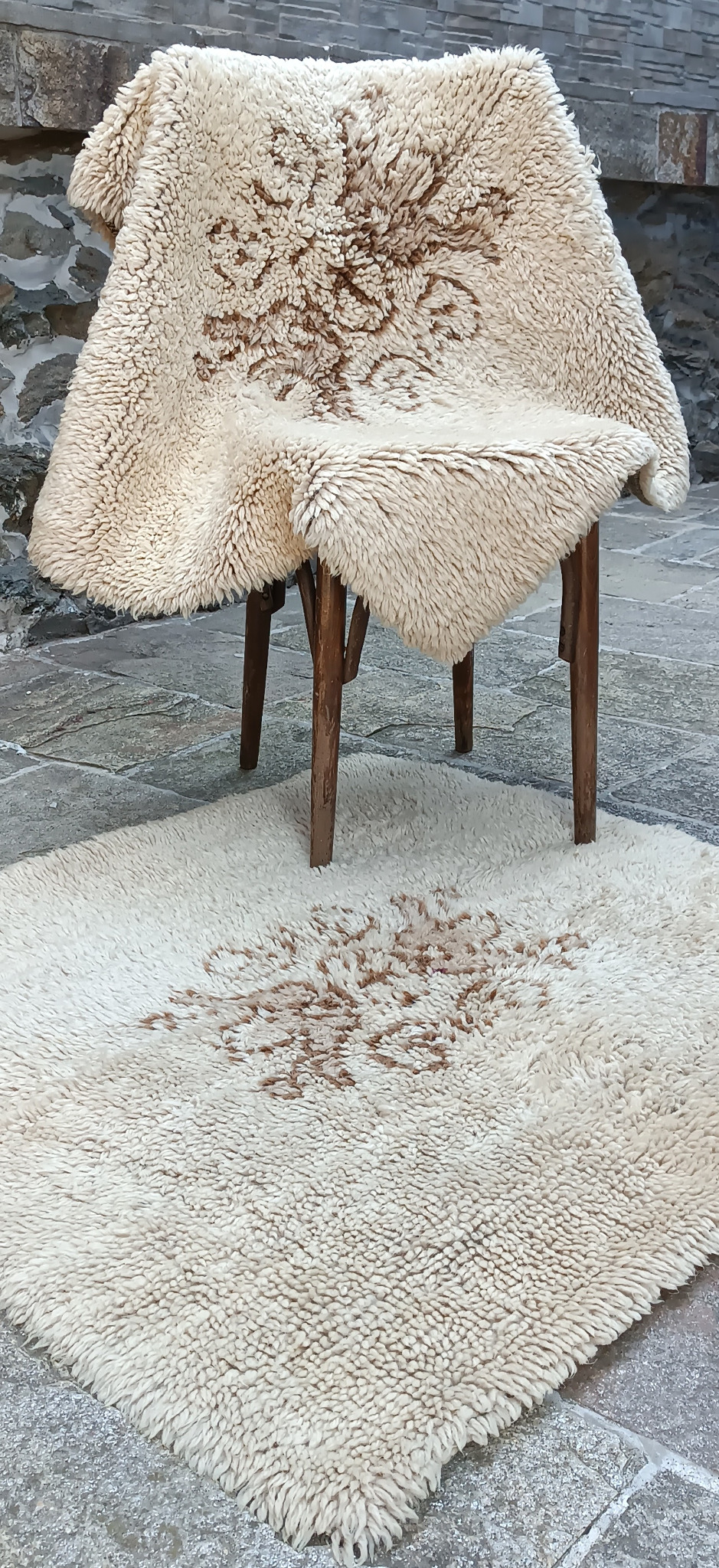 Vintage Bulgarian handwoven wool kiteniks from the Vidin region, 1970s, shown as an armchair cover and small floor rug