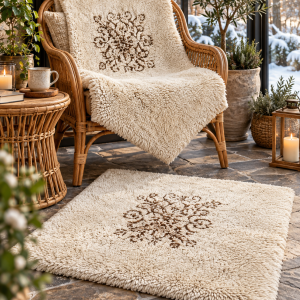 Vintage Bulgarian wool kiteniks styled on a rattan chair and floor in a glazed winter garden with cream pile and brown floral motifs