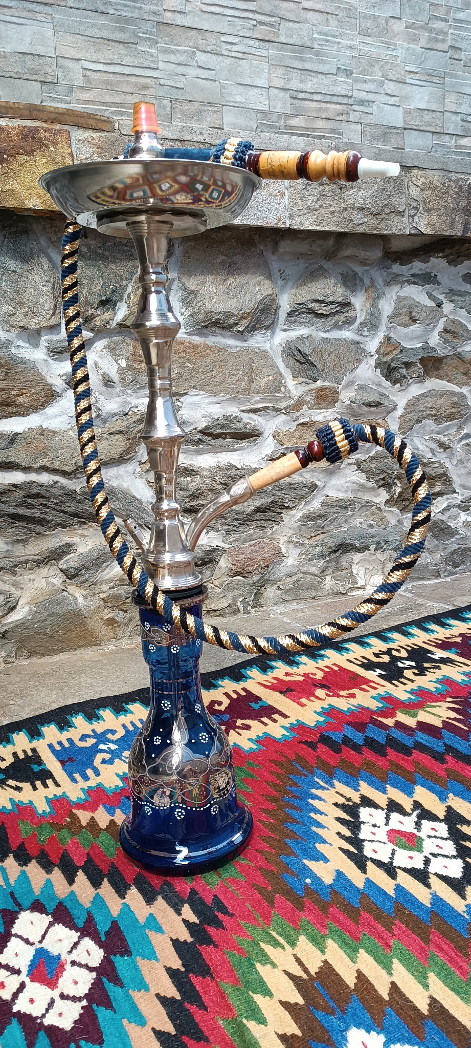Vintage Egyptian hookah attributed to Yehia El Khawanky with cobalt-blue decorated glass base, polished metal stem and original blue-and-gold braided hose